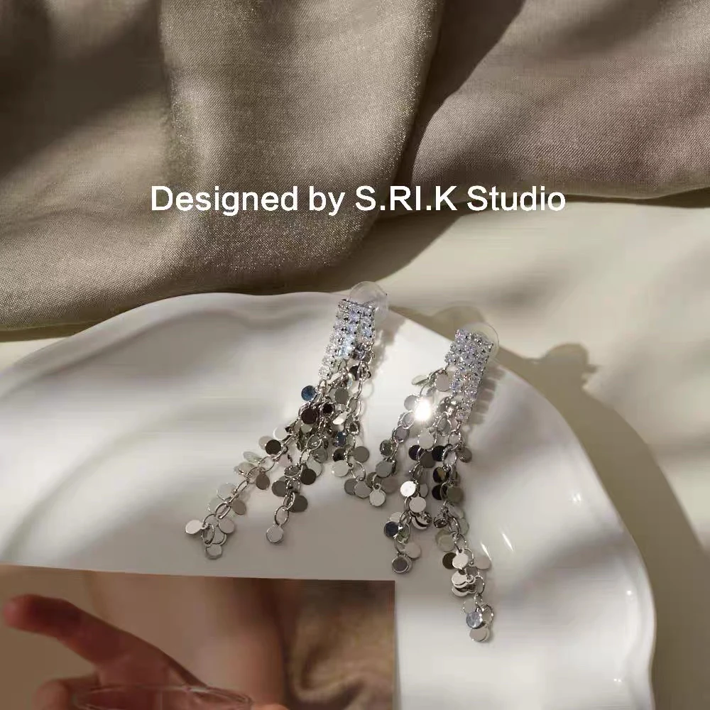 合金耳饰 十里间【银片流苏】轻奢闪钻亮片长款气质名媛银针耳环