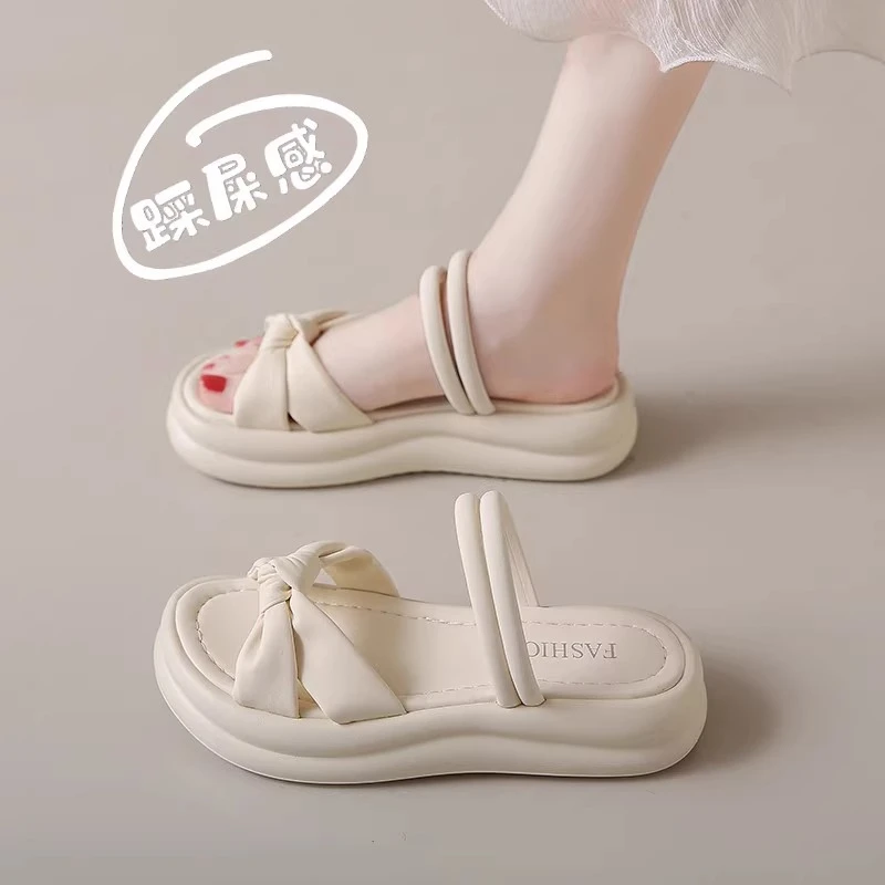 三福真皮仙女风凉拖鞋女2025夏季新款两穿一脚蹬厚底罗马沙滩鞋子