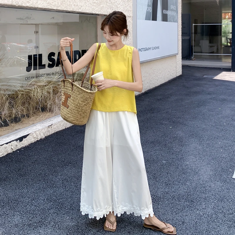 多巴胺黄色背心花边阔腿裤套装2025新款女夏爆款小个子减龄一整套