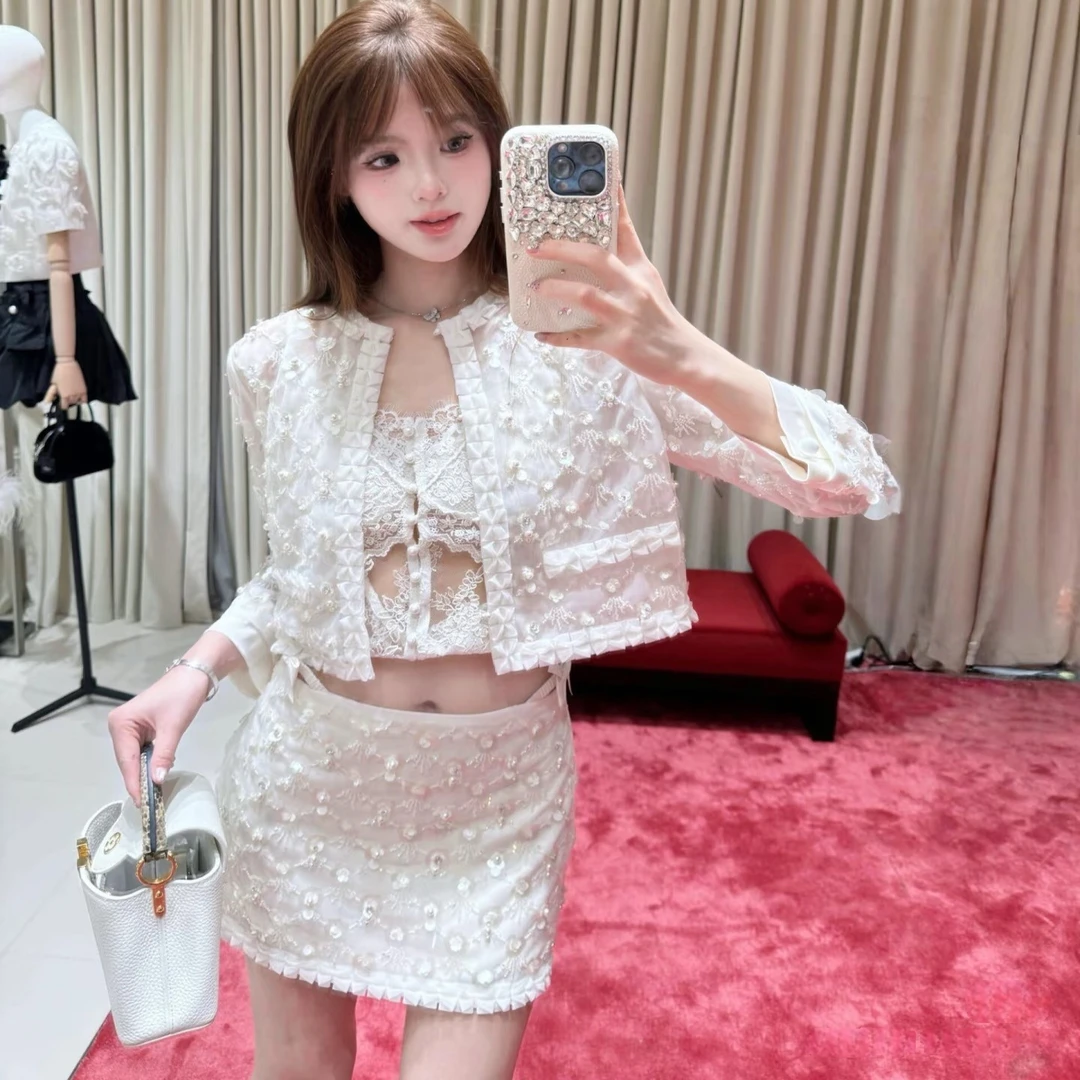 YOYOUNA（星河缀影）白色珠片绣重工钉珠长袖衬衫贵妇套装裙装夏