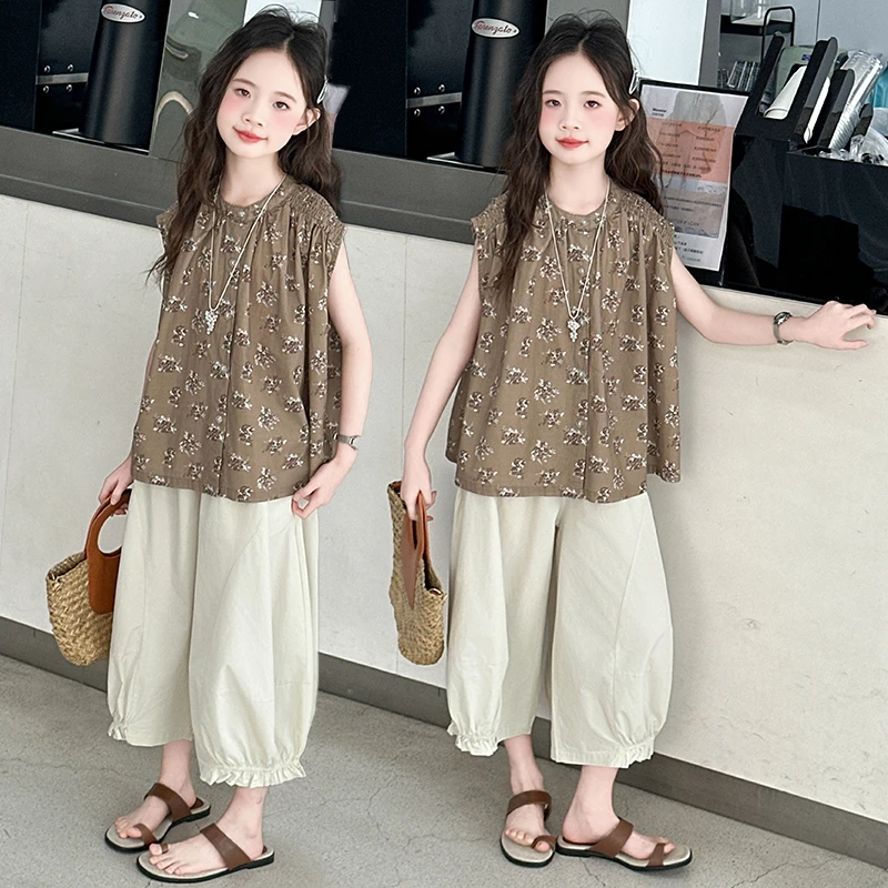 女童碎花无袖灯笼裤套装2025新款6-12岁森系中大童休闲韩版两件套