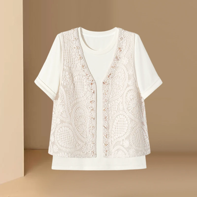 独特2025夏季简约时尚提花刺绣背心短袖T恤温柔风韩系两件套上衣