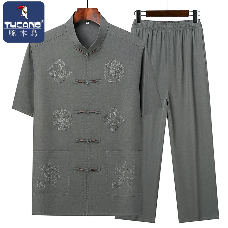 啄木鸟唐装短袖男士套装中年衣服爸爸夏季夏装中国男装太极潮流男