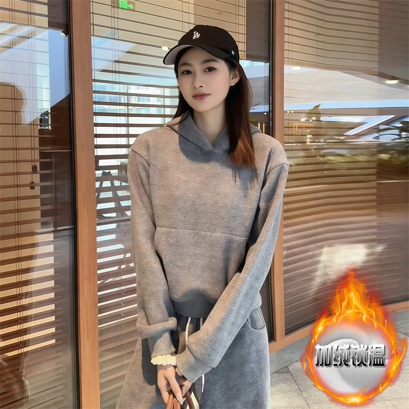 纯色冬季显瘦保暖卫衣新款连帽通勤百搭流行女装慵懒加绒加厚上衣