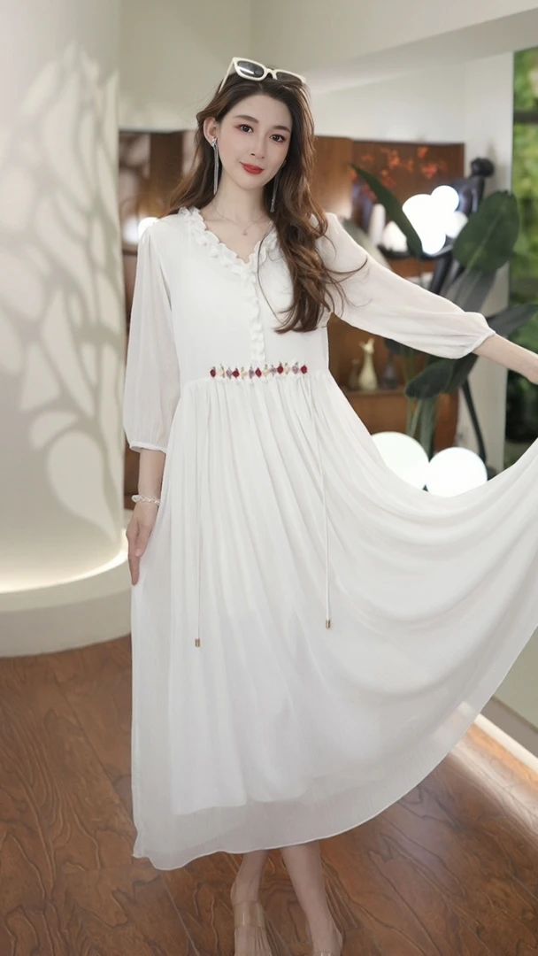 618原创正版607白色高级感仙女裙时尚气质超仙度假风长款连衣裙女