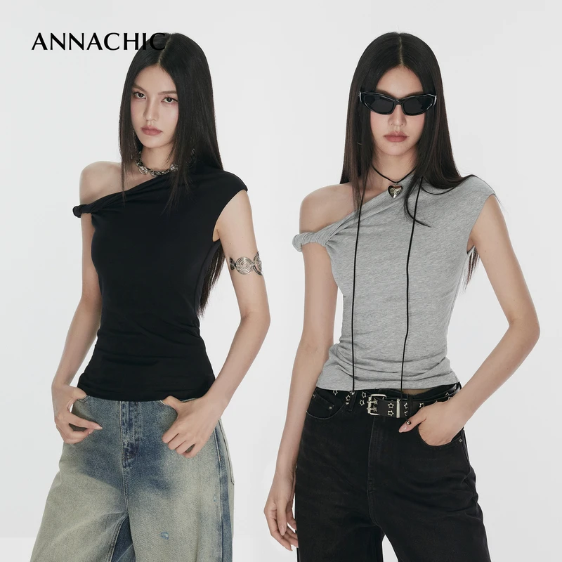 ANNACHIC花灰色不规则斜肩扭结T恤女夏季新款收腰显瘦百搭上衣