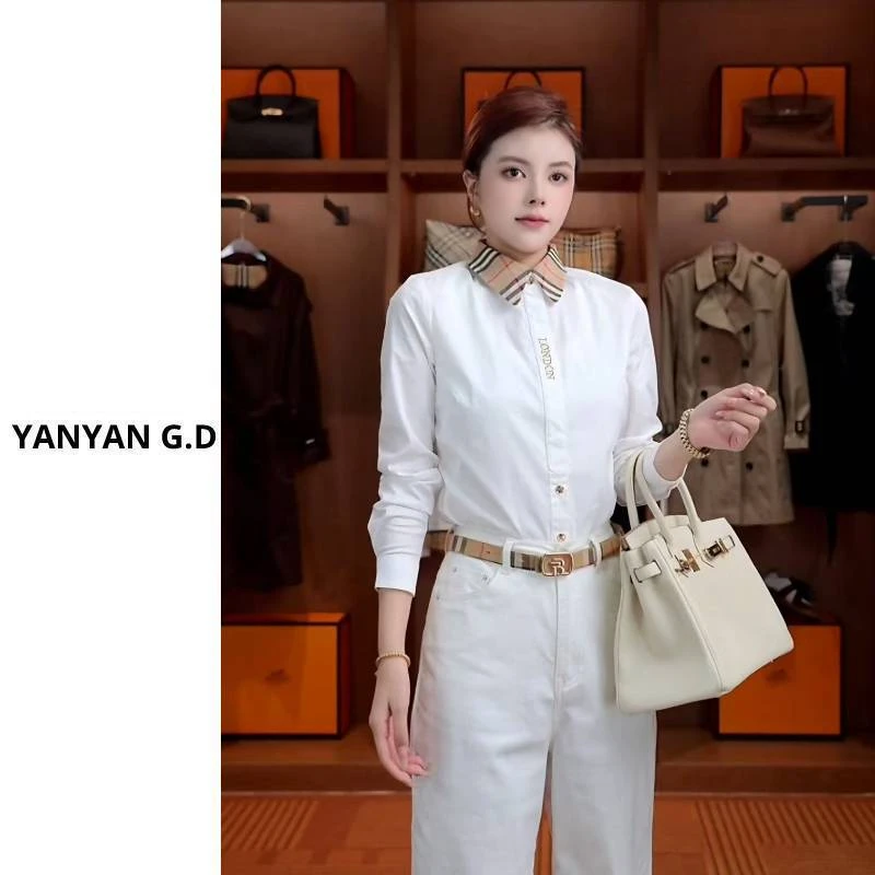 YAN-新款格纹拼接领口百搭衬衫122602