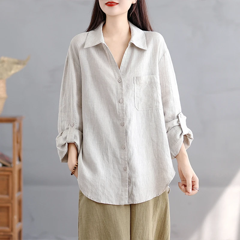 2025春秋新款慵懒自在老钱风休闲时尚棉麻衬衫长袖上衣衬衣女
