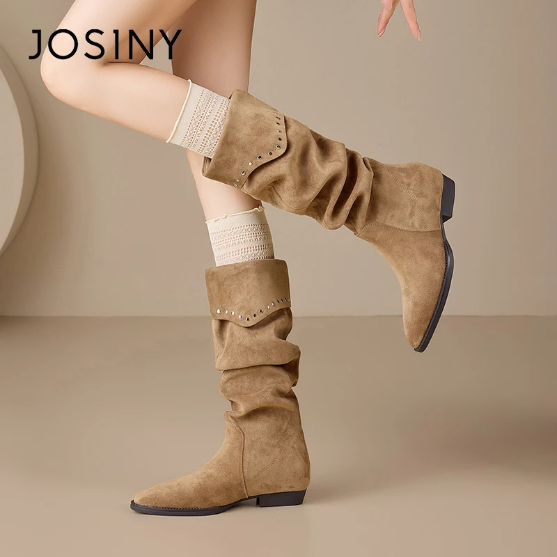 卓诗尼美拉德尖头粗跟褶皱堆堆靴2025超火长筒靴瘦瘦靴582A64444