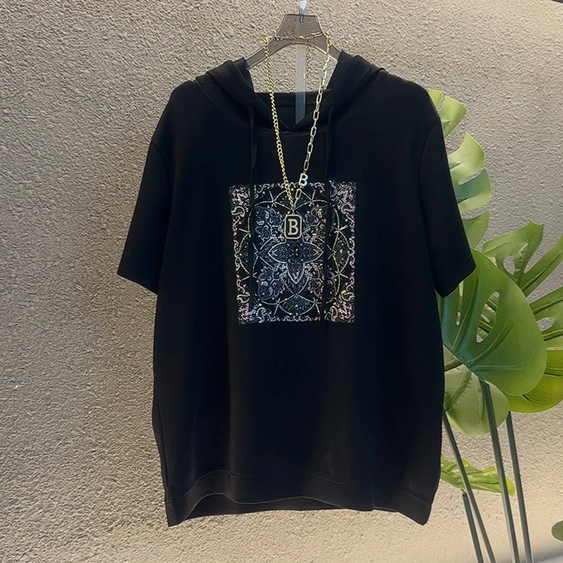 3050新款连帽印花烫印标准抗皱短袖T恤百搭设计师重工夏季时尚