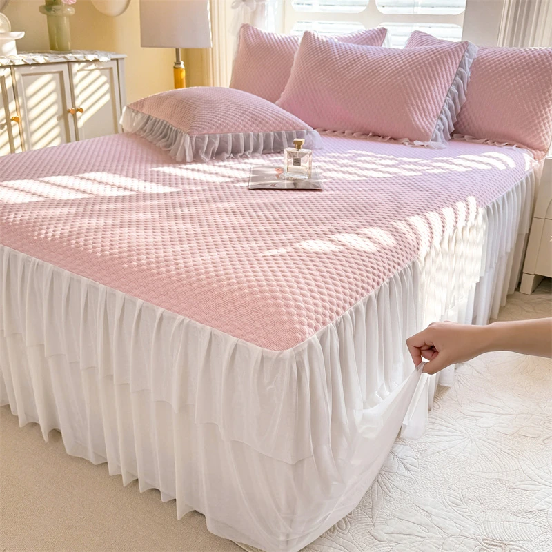 夏季冰丝凉席凉感豆豆席三件套床裙款床盖空调席软席子可机洗水洗