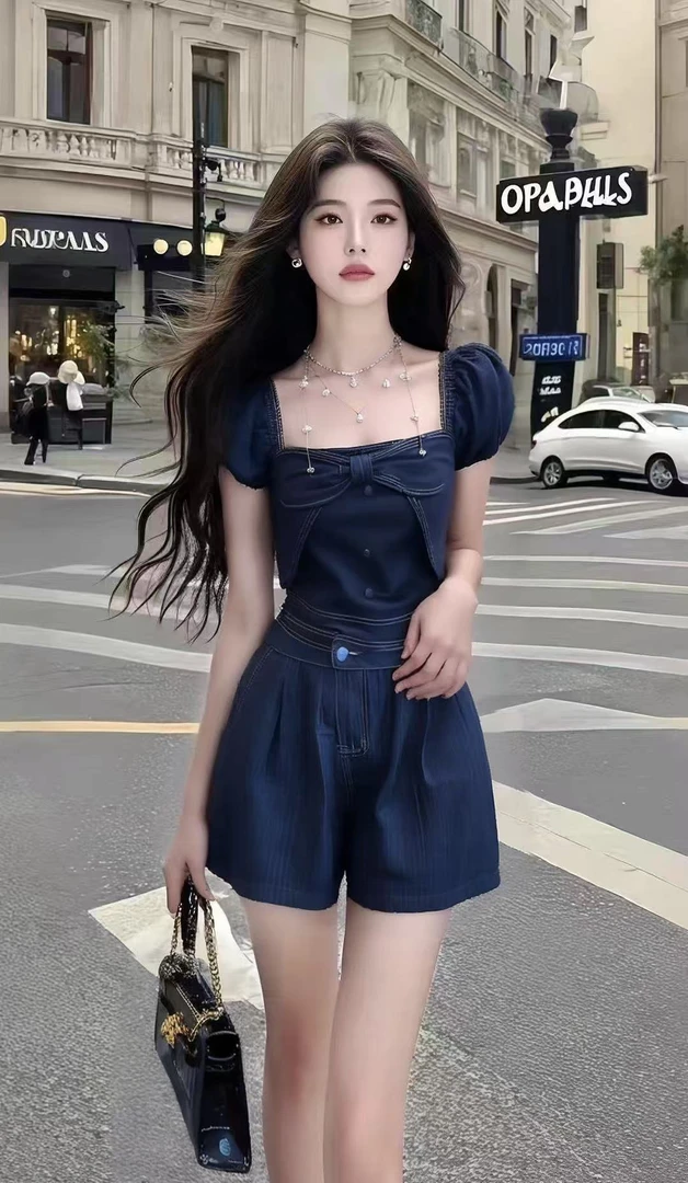 夏季休闲通勤风深蓝色方领短袖收腰连体短裤女显瘦时尚气质女装