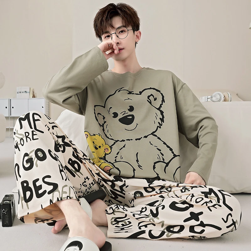 纯棉男士睡衣春秋季长袖宽松大码卡通青少年男生全棉家居服套装冬