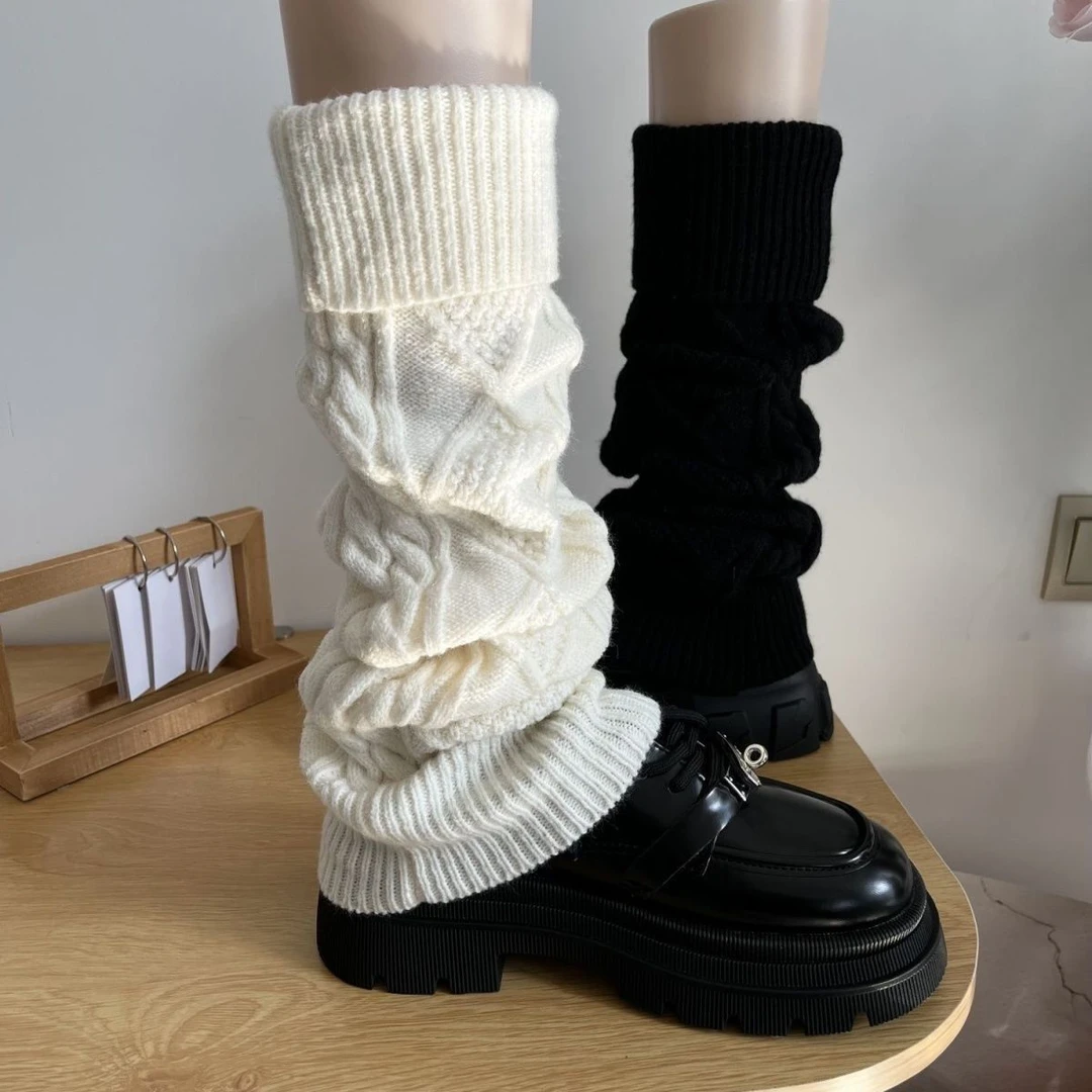 【店主优选】日系复古纯白色菱格麻花袜套女秋冬季加厚保暖毛线针织