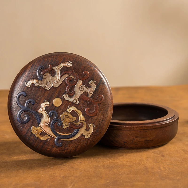 清代 黄花梨百宝嵌螭虎纹圆形盖盒 古董收藏品
