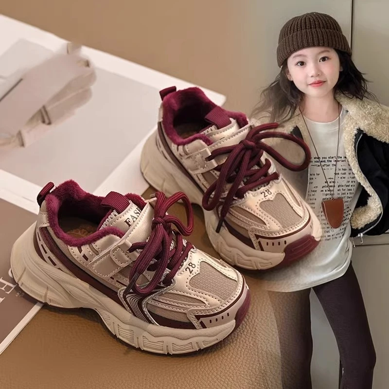 ABC女童加绒运动鞋2024冬季儿童老爹鞋休闲男童鞋中大童保暖鞋