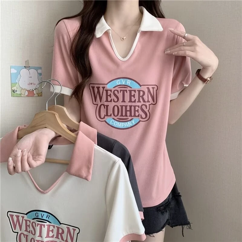 KSS2677字母印花学院风时尚拼色T恤大码女装设计感洋气短袖上衣夏