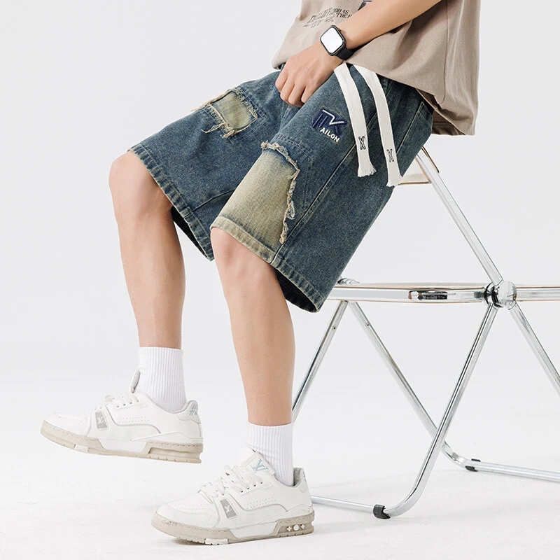 夏季百搭破洞直筒短裤薄款潮流工装舒适牛仔短裤男