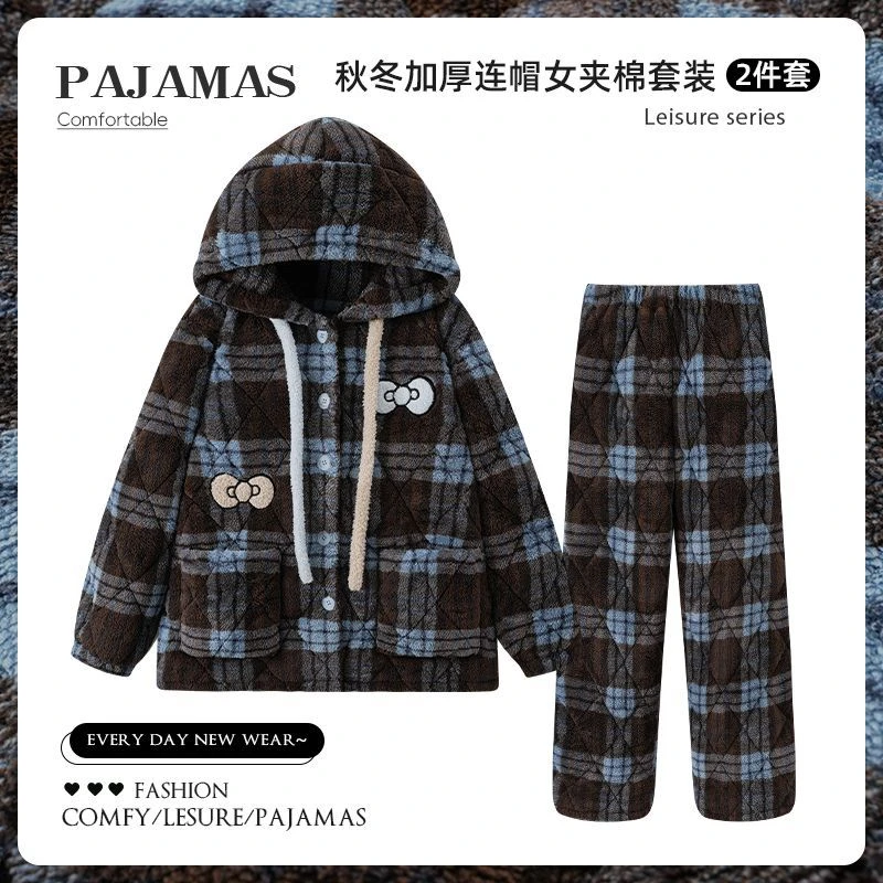 三层夹棉冬季睡衣女款2025年长毛绒珊瑚绒加绒加厚保暖连帽家居服