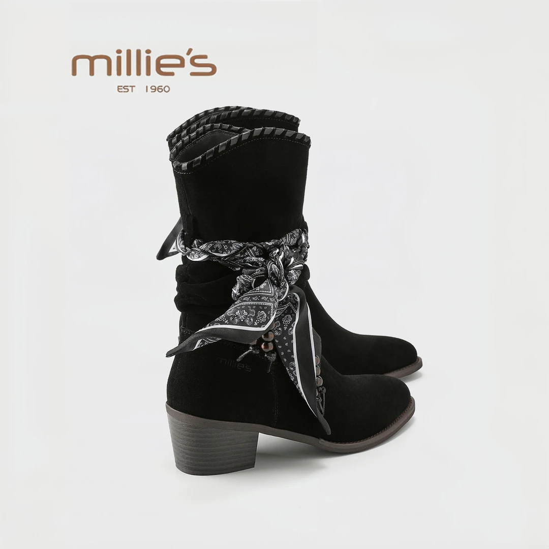 MILLIE'S/妙丽百搭气质尖头丝巾西部靴女2025新款英伦风小众短靴