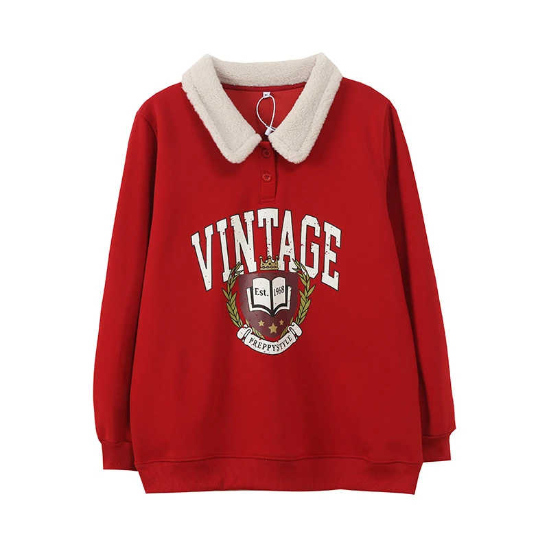 纤麦大码女装翻领卫衣2024冬季新款套头加绒保暖上衣431928