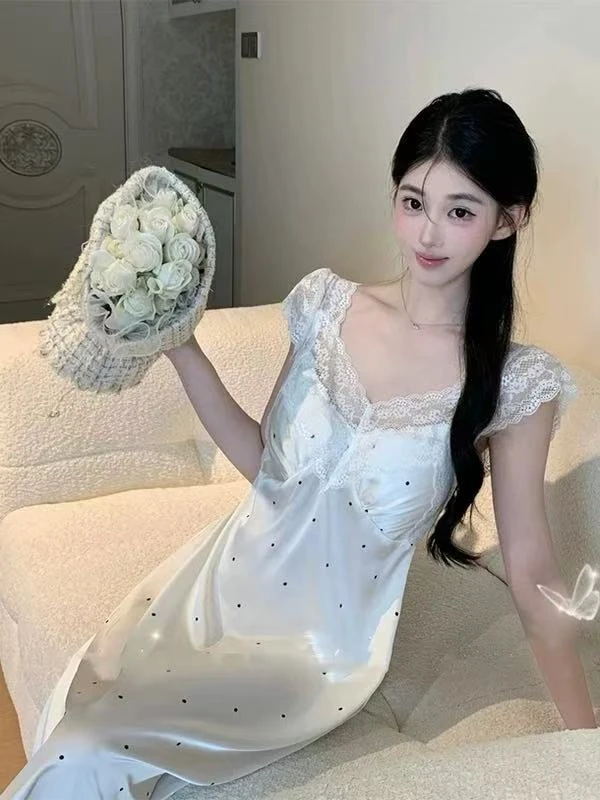 2025新款春夏休闲气质舒适薄款无袖女轻奢设计师款蕾丝波点长裙