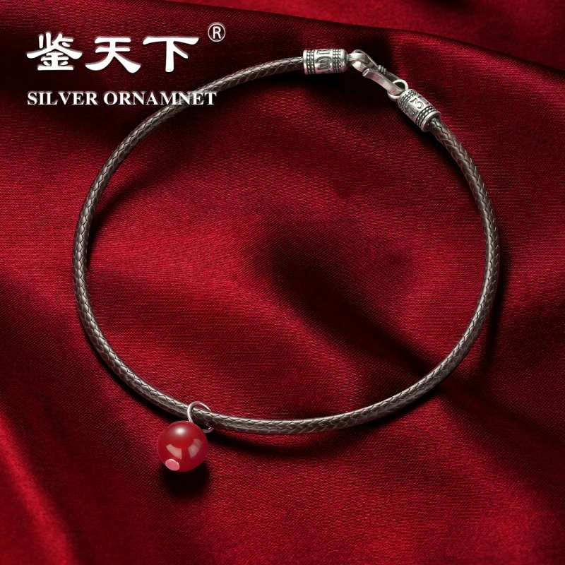 鉴天下10mm玛瑙珠3mm六字真言28cm蜡绳项链05700044