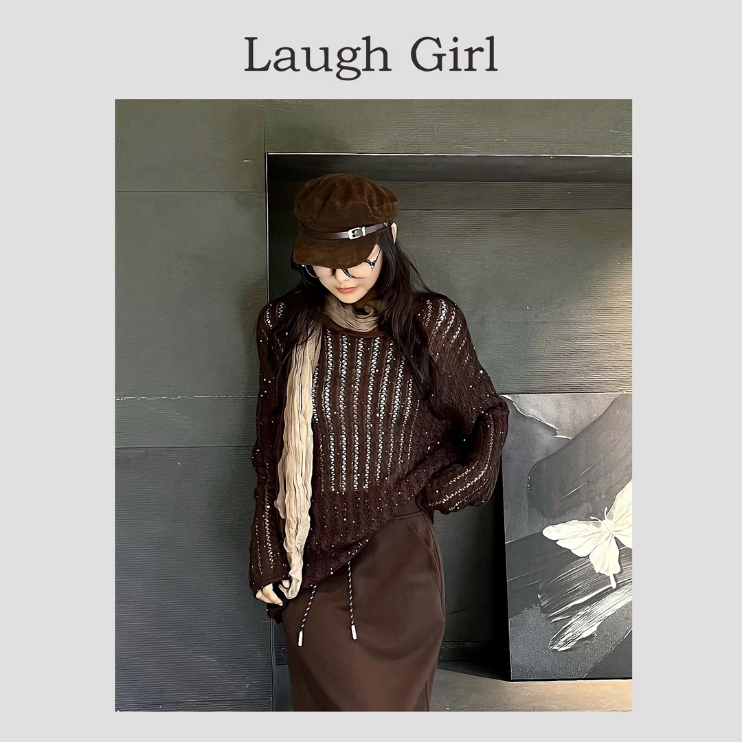 楚楚君 Laugh girl【浪漫风情】镂空闪闪竖坑条长袖针织衫XL53727J