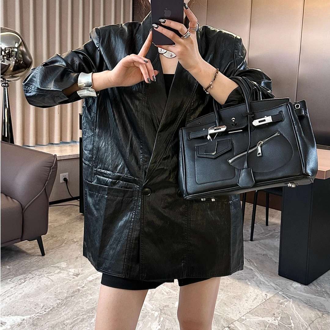 GaiQu“思想高度”设计师款重工不规则调性港式复古皮衣