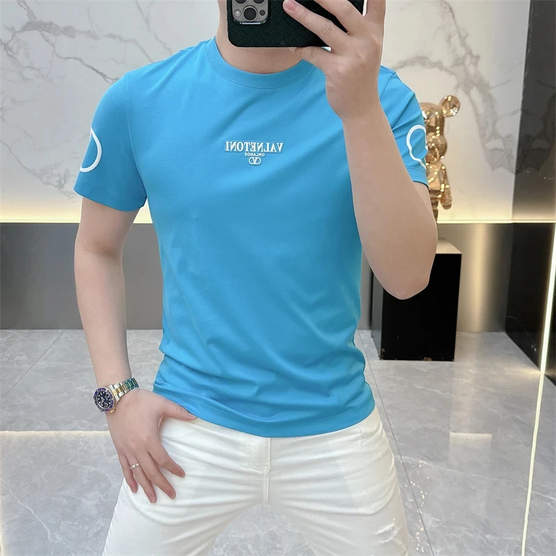 轻奢高端男士圆领T恤冰麻针织印花字母潮流短袖2025夏季新款