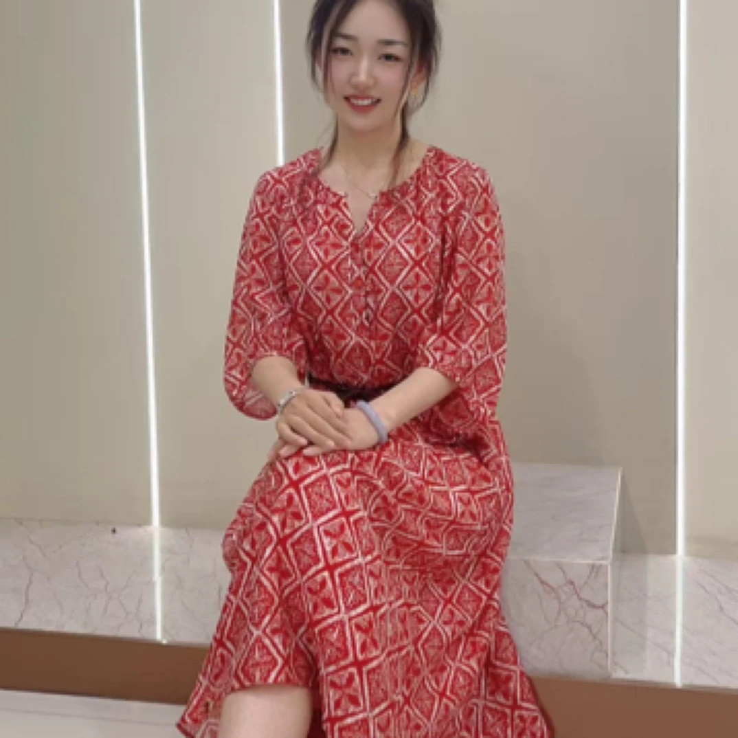 度假风法式气质印花V领宽松显瘦夏季长连衣裙