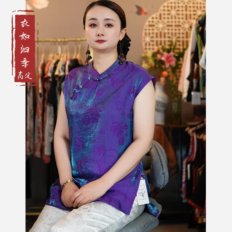 【紫嫣】1604夏季新款奥黛国风百搭宽松立领提花中长款短袖小衫