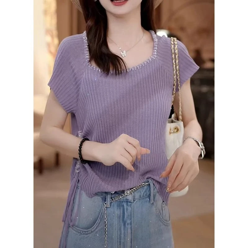 时尚气质显瘦方领设计感抽绳短袖针织衫夏装高定串珠百搭短款上衣