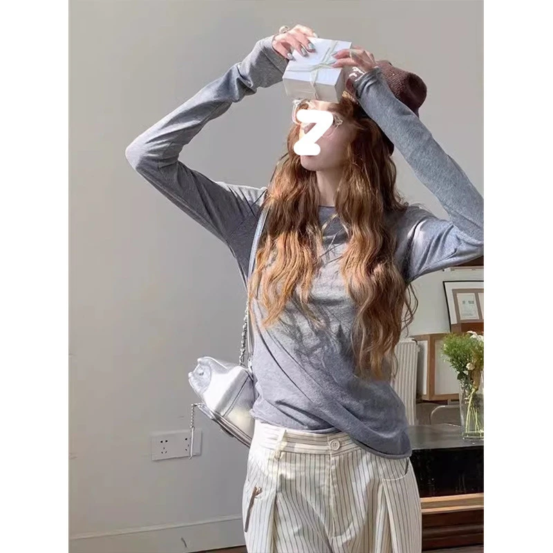 2025春季薄款微透长袖打底衫女简约风ins百搭卷边T恤内搭防晒上衣