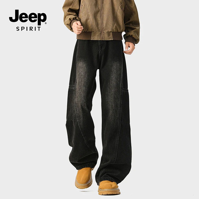 JEEPSPIRIT美式复古做旧牛仔裤男款秋季新款水洗多口袋宽松裤子