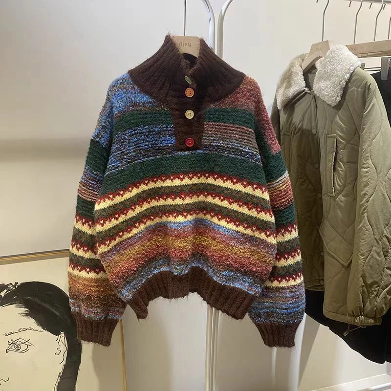 2024秋冬新款时尚休闲百搭长袖拼接宽松撞色女士针织衫A058