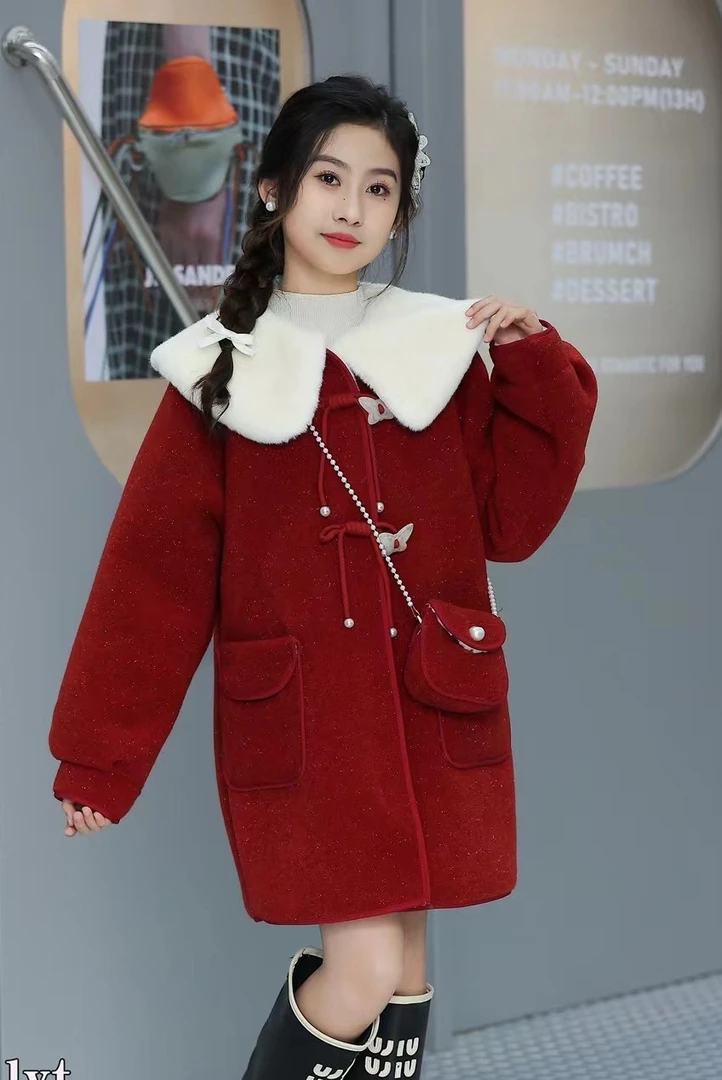 女童2024新款加绒加厚毛呢中长款娃娃领大衣年款外套