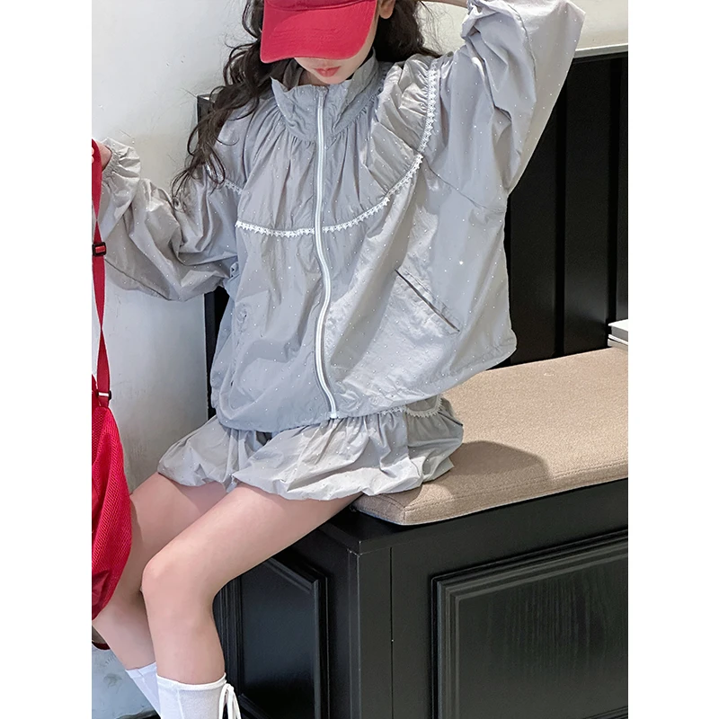 K28986烫钻女童防晒套装2025夏装新款儿童轻薄时尚两件套外套短裤