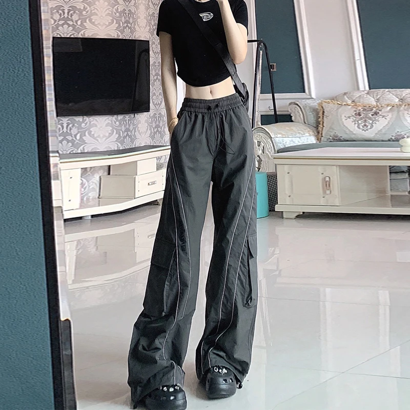 梨形身材美式复古休闲工装裤女秋季大码胖mm高腰宽松显瘦阔腿裤子