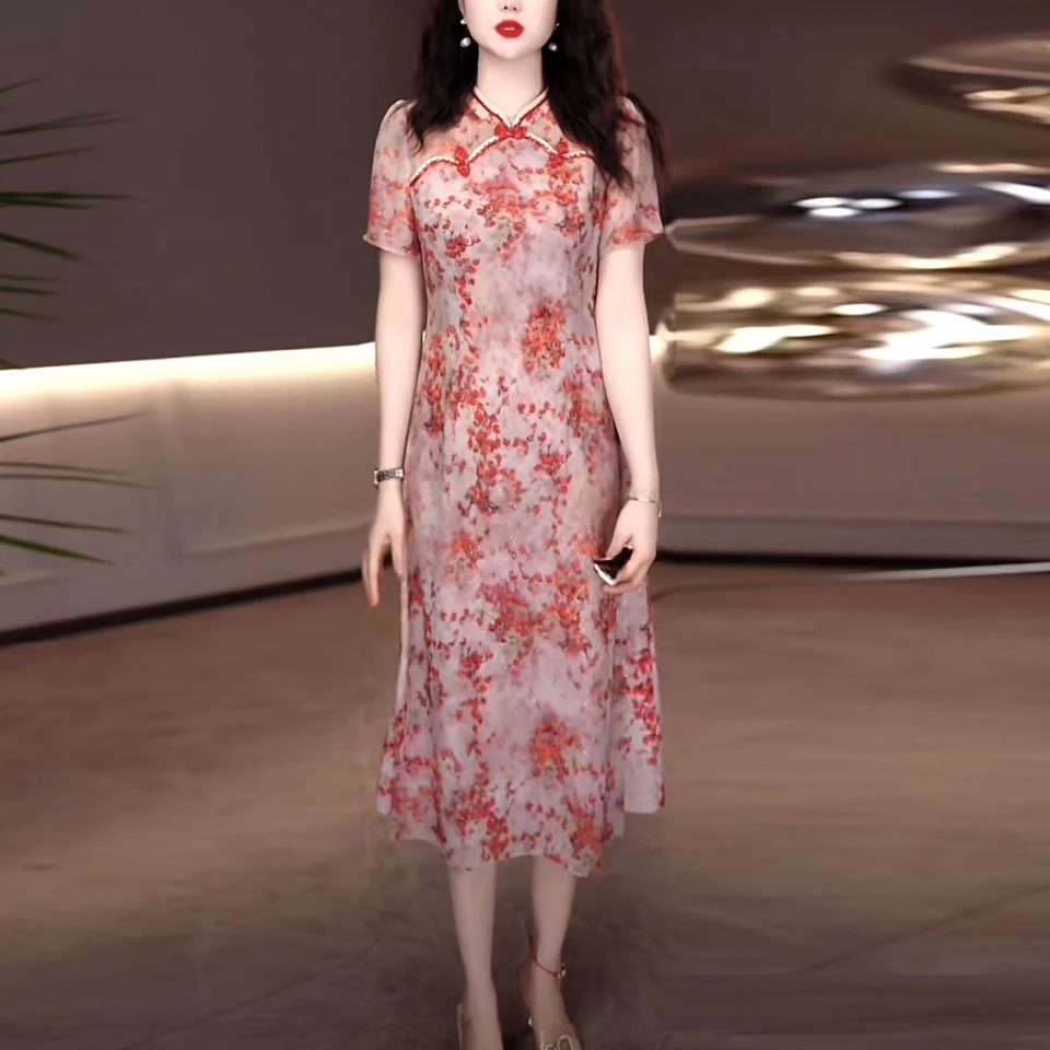 双丝绉新中式改良旗袍裙2025夏季新款修身显瘦遮肉碎花国风连衣裙