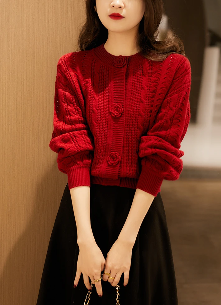 100%纯羊毛开衫女款加厚钩花针织毛衣外套国风新中式秋冬长袖上衣