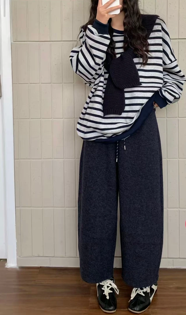 绵羊毛加厚高腰阔腿裤显瘦秋冬重磅羊毛保暖九分裤高腰哪吒裤