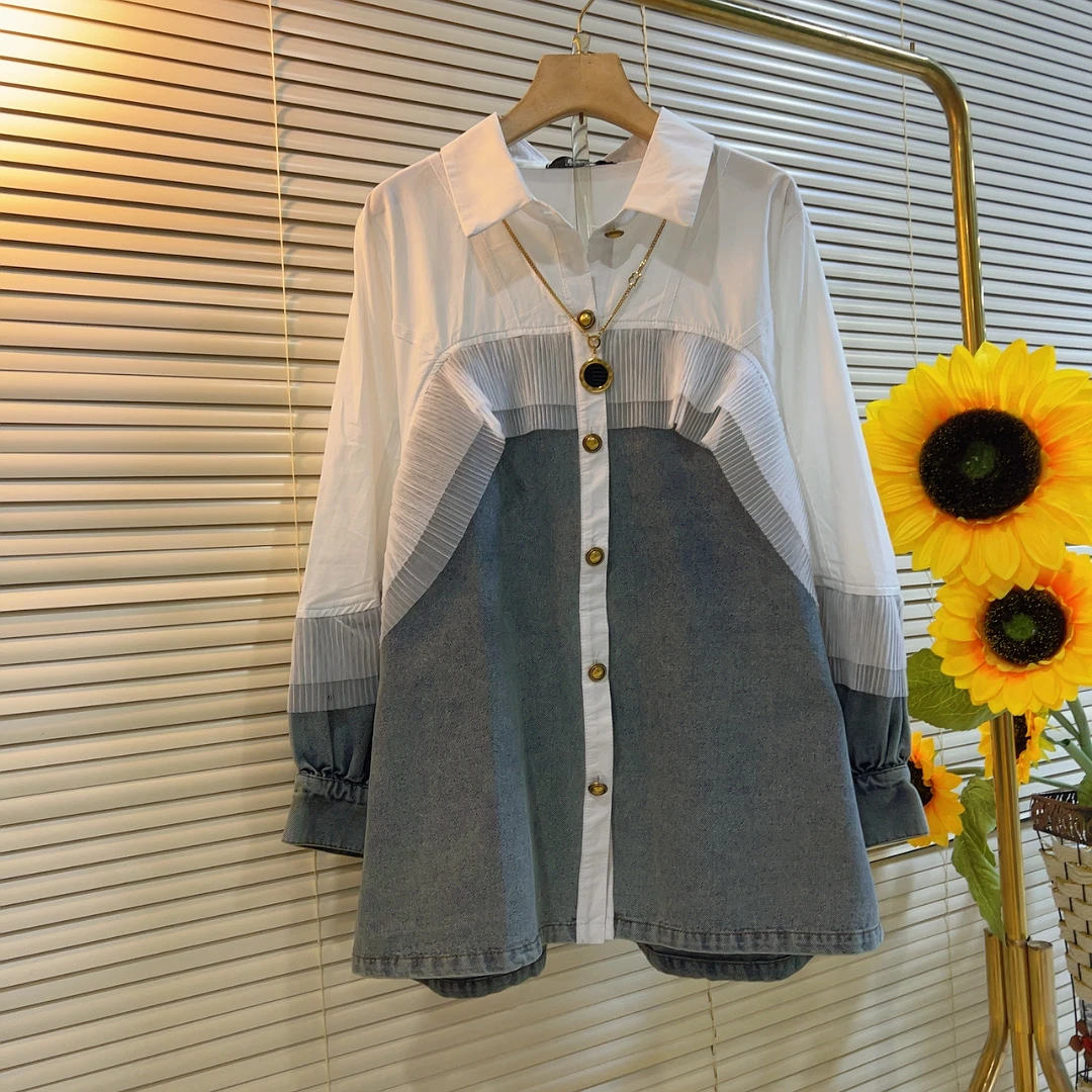 LTQ新款牛仔拼接蕾丝边翻领衬衫