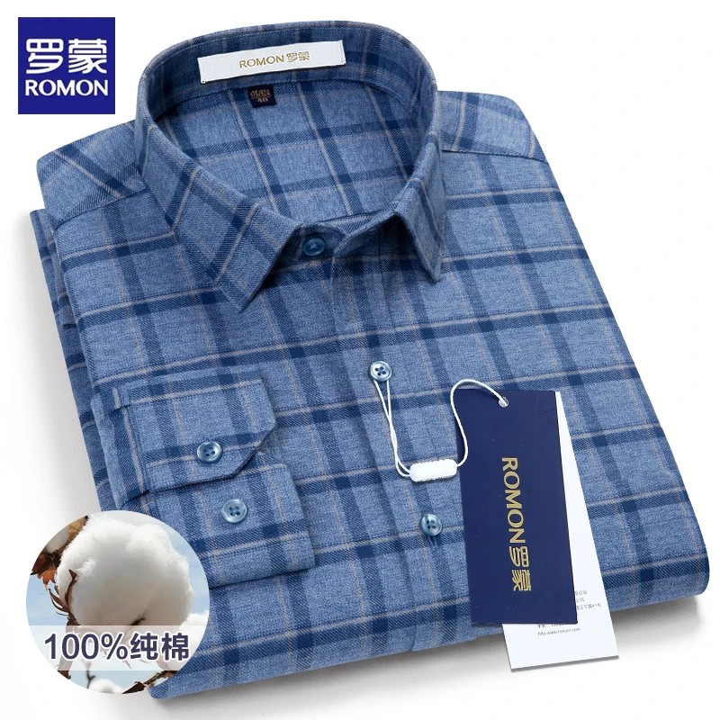 罗蒙纯棉男士长袖宽松衬衫中年复古磨毛春秋蓝色格子衬衣商务休闲