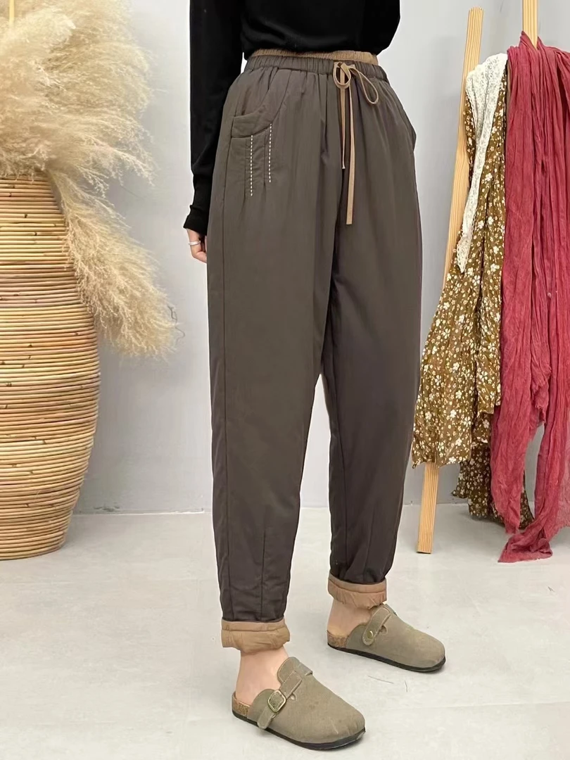 素雅原创 时尚休闲腰口撞色抽绳口袋刺绣加厚纯色百搭宽松棉裤女