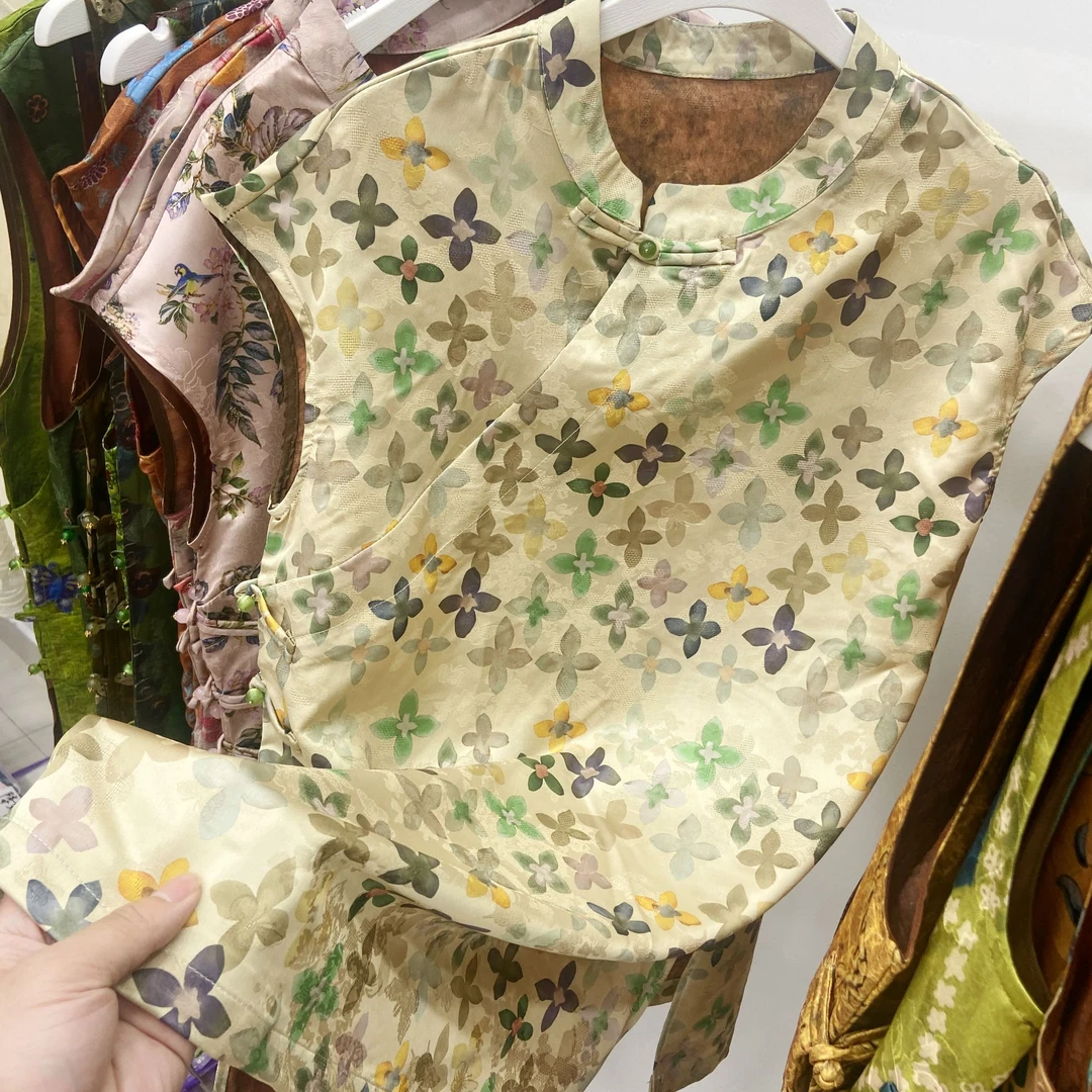 【四叶草】高定新中式夏季丝缎提花老钱风飞飞袖立领马甲小衫女气质