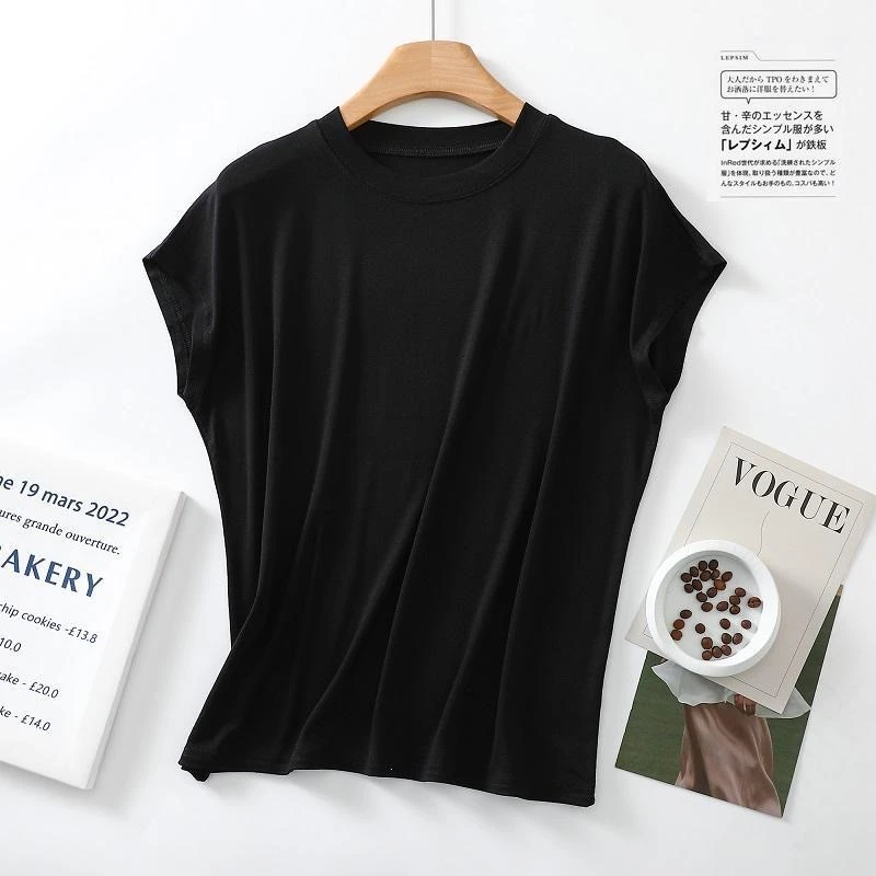 【张姐甄选】大码宽松休闲百搭圆领纯色无袖显瘦修身女夏季黑色短t