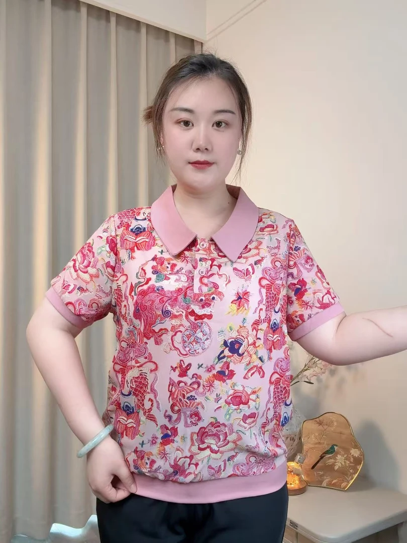 2025新款妈妈装绣花遮肉显瘦减龄时尚短袖