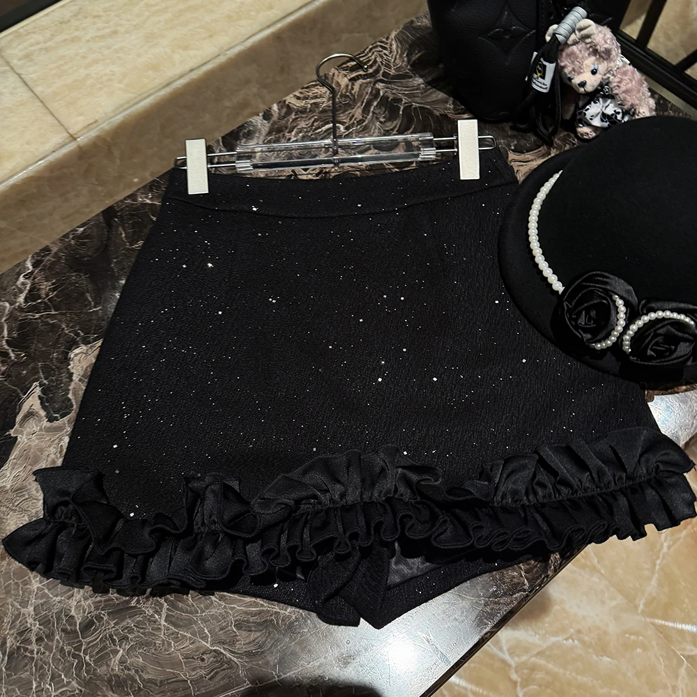 【月光裙摆】郭郭原创2025秋冬黑色细闪质感裙裤秋冬新款小黑裙女