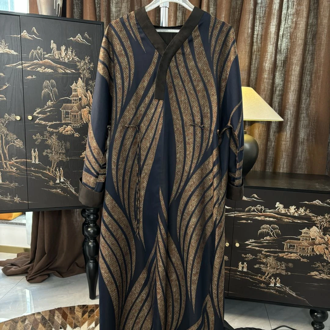 【沐冉】香云纱长款重磅时尚印花桑蚕丝复古百搭宽松长款连衣裙